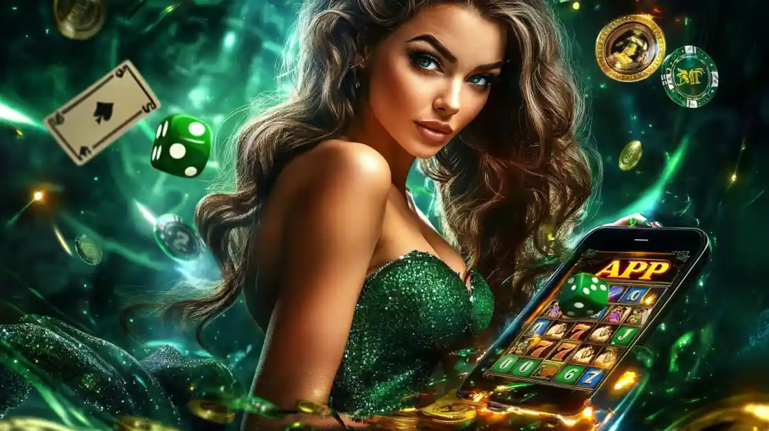 An enchanting woman surrounded by cards, dice, and coins, alongside a smartphone featuring the 6777bet gaming app.