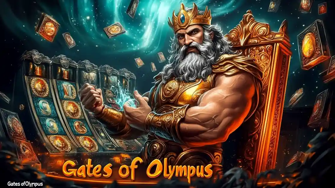 A majestic Zeus figure on a golden throne, surrounded by floating cards and a 6777bet slot machine, with Gates of Olympus prominently displayed, inviting players to a mythical gaming experience.