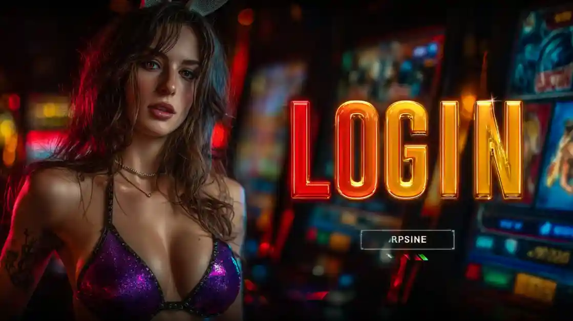 A captivating woman stands beside a LOGIN interface, with 6777bet slot machines softly blurred in the background, inviting users to enter the world of 6777bet.