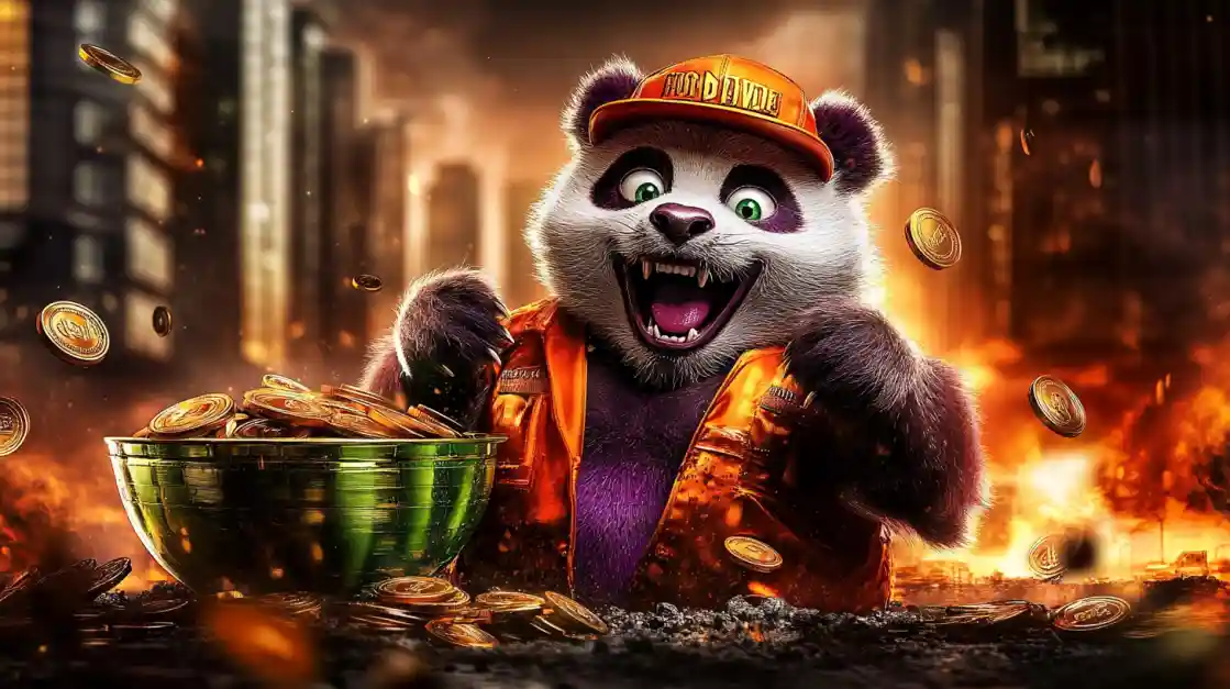 A cheerful panda character surrounded by golden coins, symbolizing wealth and good fortune with 6777bet.