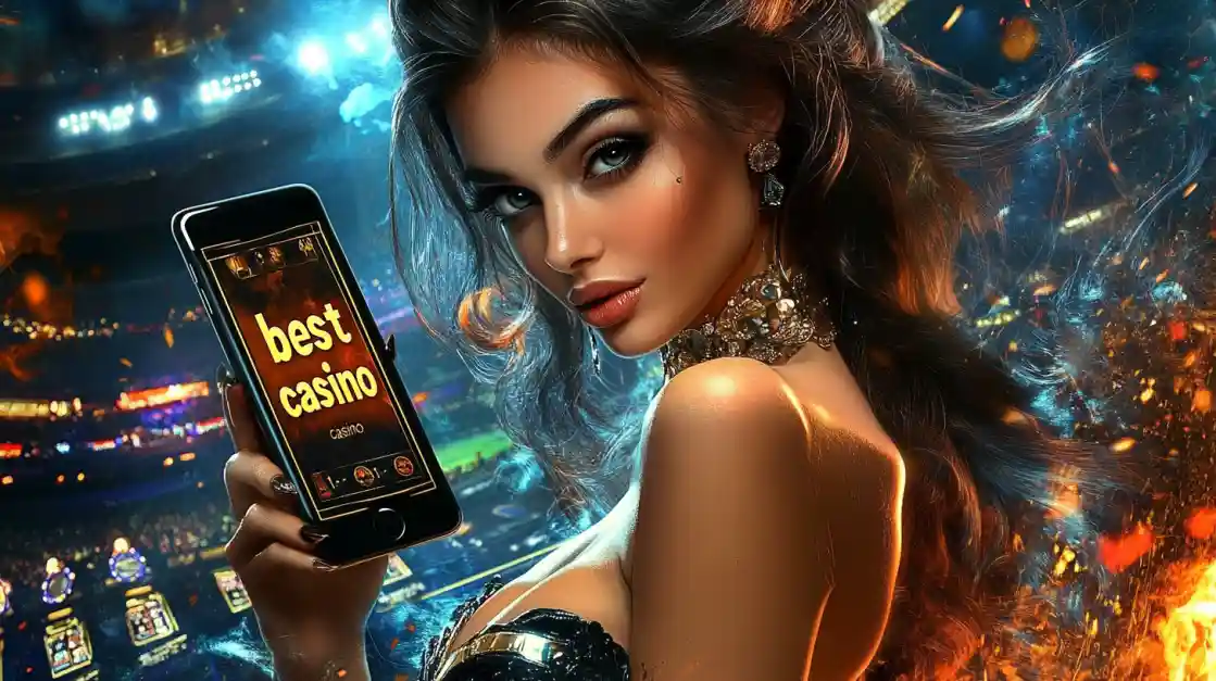 A woman holding a phone showcasing the 6777bet casino app in a vibrant stadium-like setting.