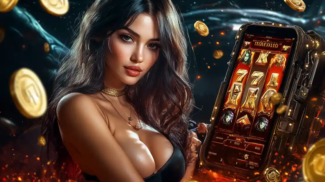 A confident woman holds a smartphone displaying a 6777bet mobile slot game with 777 symbols and golden coins.