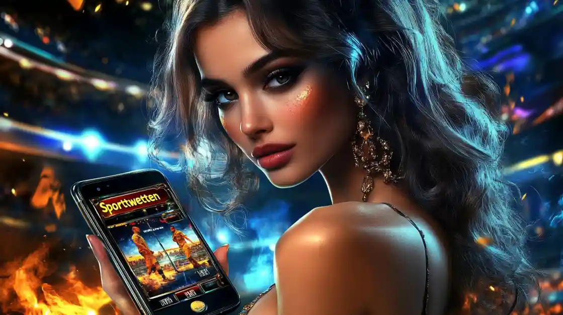 A glamorous woman holding a smartphone showing the 6777bet sports betting app in front of a stadium backdrop.